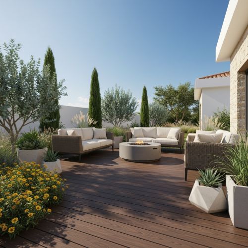 Brown composite decking with fire pit lounge area